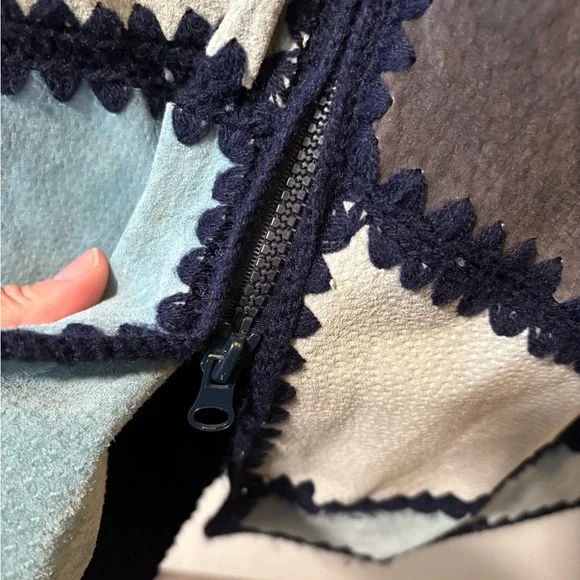 Airport Vintage Blue Patchwork Suede Hooded Women's Jacket Sweater Size L - Picture 4 of 8